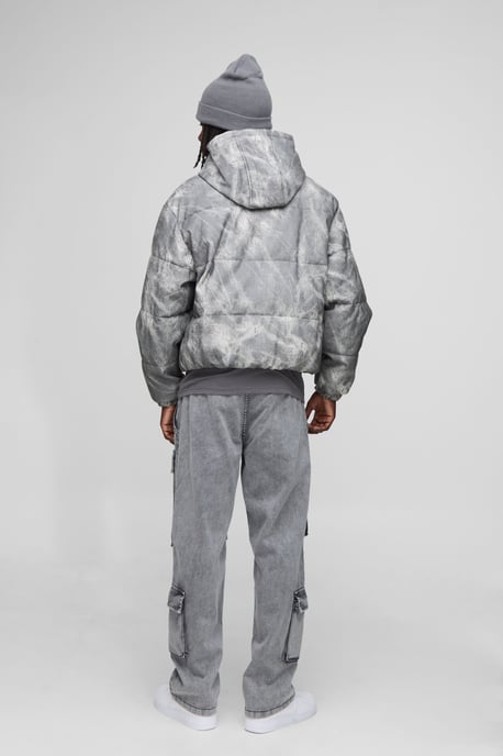 Oversized Boxy Fit Denim Look PU Hooded Puffer Jacket - Image 2
