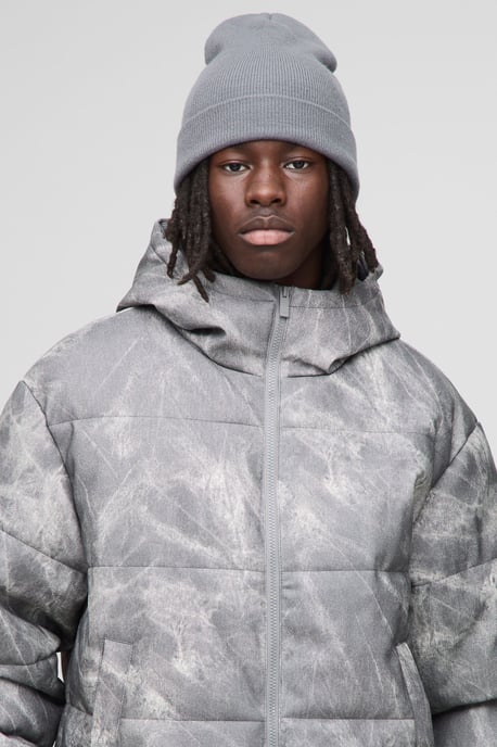 Oversized Boxy Fit Denim Look PU Hooded Puffer Jacket - Image 3