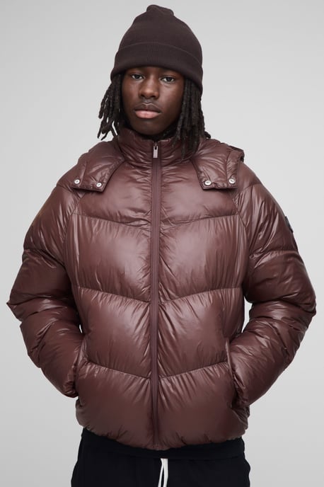 Regular Fit Sheen Panelled Hooded Funnel Puffer Jacket - Image 1