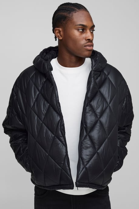 Oversized Boxy High Sheen Diamond Quilted Hooded Funnel Puffer Jacket - Image 1