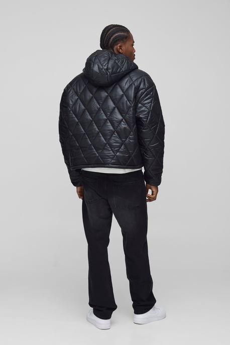 Oversized Boxy High Sheen Diamond Quilted Hooded Funnel Puffer Jacket - Image 2