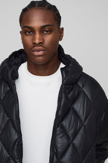Oversized Boxy High Sheen Diamond Quilted Hooded Funnel Puffer Jacket - Image 3
