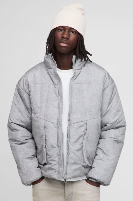 Oversized Boxy Fit Washed Nylon Padded Funnel Neck Puffer Jacket - Image 1