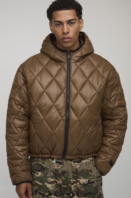 Oversized Boxy High Sheen Diamond Quilted Hooded Funnel Puffer Jacket - Image 1