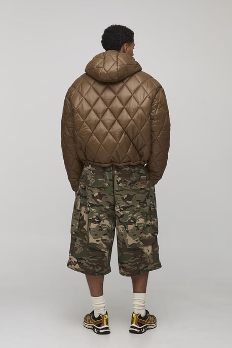 Oversized Boxy High Sheen Diamond Quilted Hooded Funnel Puffer Jacket - Image 2
