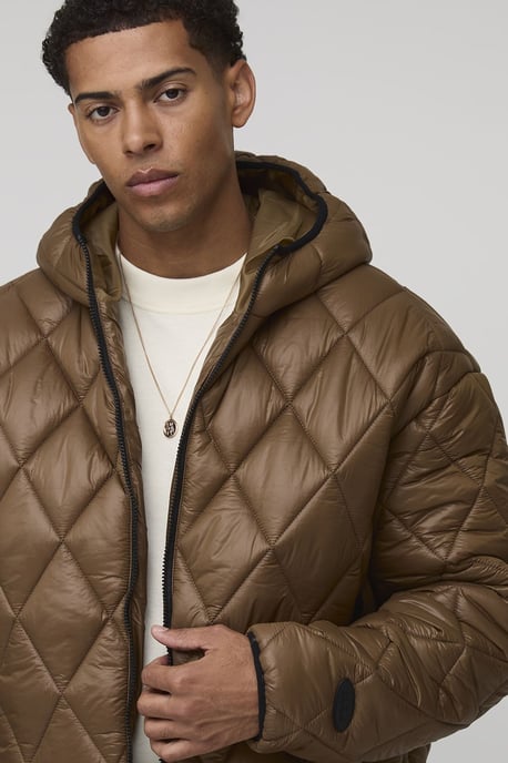 Oversized Boxy High Sheen Diamond Quilted Hooded Funnel Puffer Jacket - Image 3