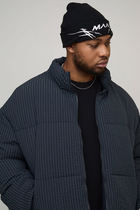 Plus Oversized Check Ripstop Funnel Neck Puffer Jacket - Image 3