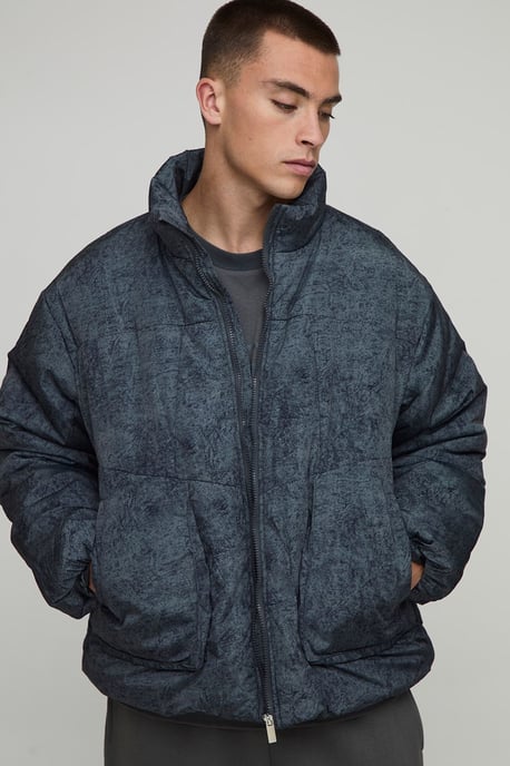 Oversized Boxy Fit Washed Nylon Padded Funnel Neck Puffer Jacket - Image 1