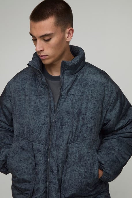 Oversized Boxy Fit Washed Nylon Padded Funnel Neck Puffer Jacket - Image 3