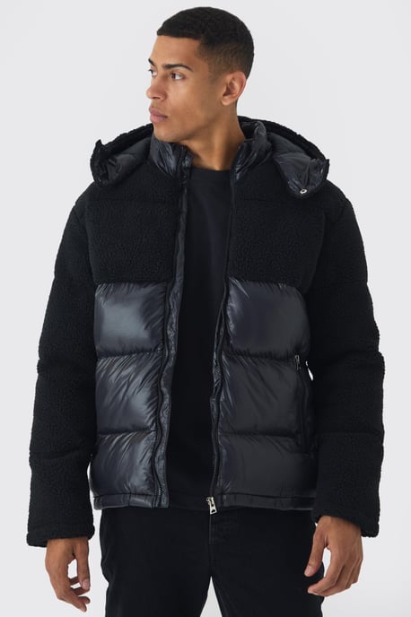 Borg and High Shine Hooded Puffer in Black - Image 1