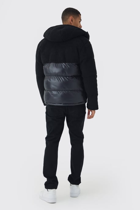 Borg and High Shine Hooded Puffer in Black - Image 2
