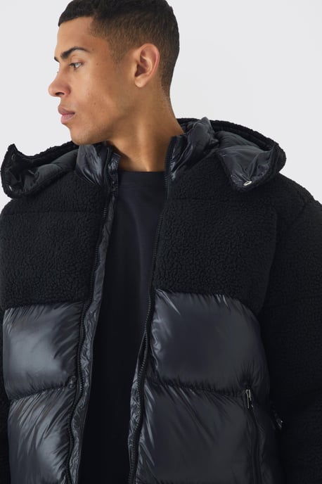 Borg and High Shine Hooded Puffer in Black - Image 3