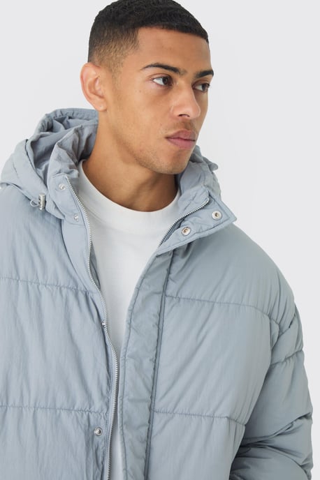 Boxy Crinkle Nylon Puffer In Light Grey - Image 3