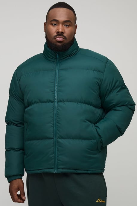 Plus Funnel Neck Regular Fit Puffer Jacket in Khaki - Image 1