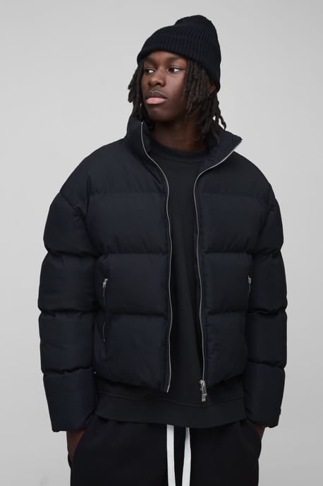 Man Boxy Fit Funnel Neck Puffer Coat In Black - Image 1