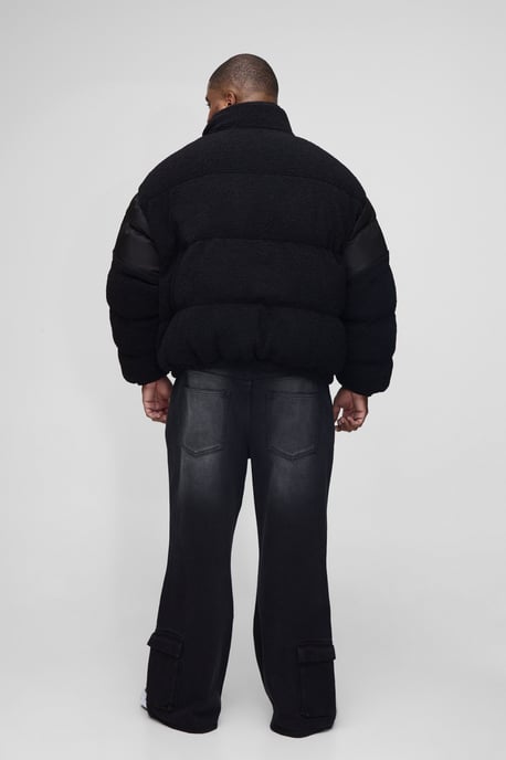 Plus Regular Fit Borg & Nylon Funnel Neck Puffer Jacket In Black - Image 2