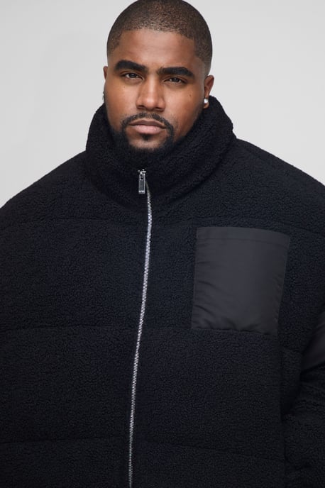 Plus Regular Fit Borg & Nylon Funnel Neck Puffer Jacket In Black - Image 3