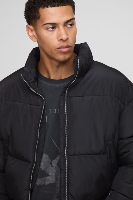 Boxy Funnel Neck Bomber Hem Puffer Jacket - Image 3