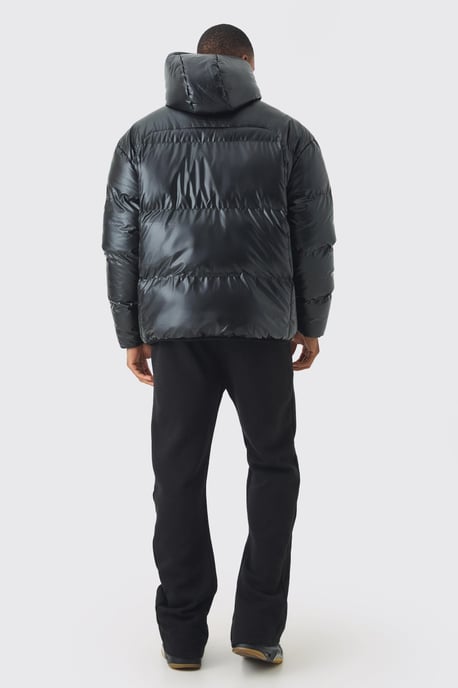 High Shine Hooded Quilted Puffer In Black - Image 2