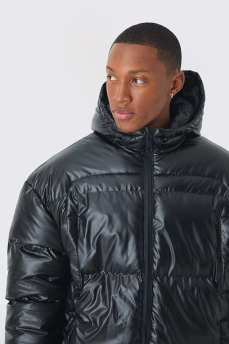 High Shine Hooded Quilted Puffer In Black - Image 3