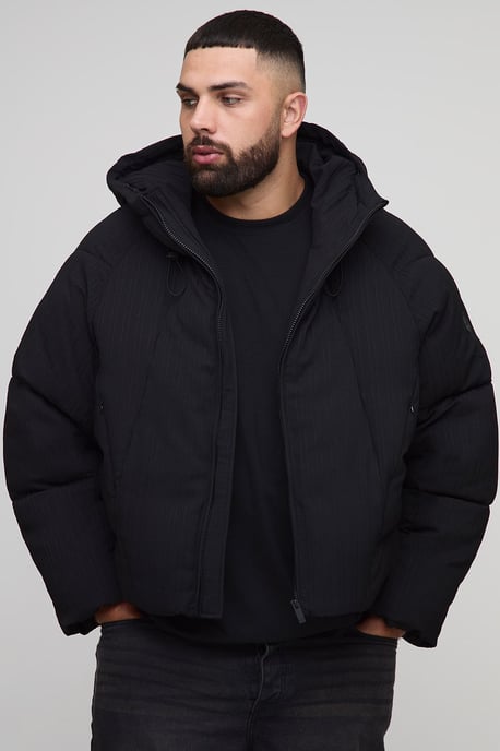 Plus Regular Fit Textured Curved Panel Puffer Jacket - Image 1