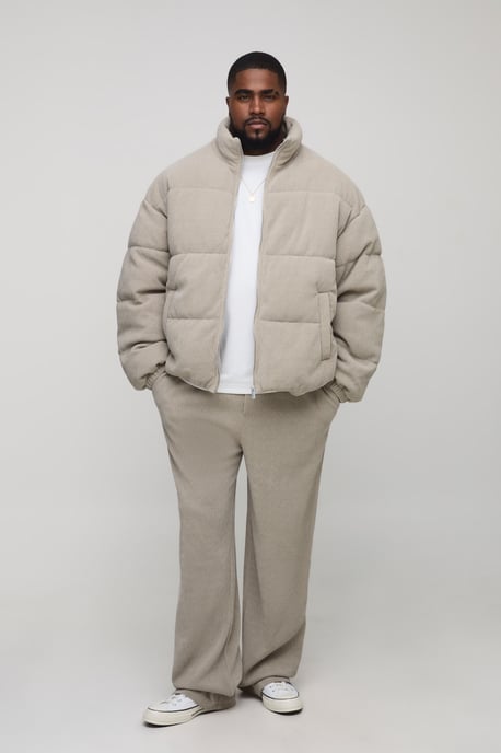 Plus Regular Fit Textured Faux Suede Funnel Neck Puffer Jacket - Image 1