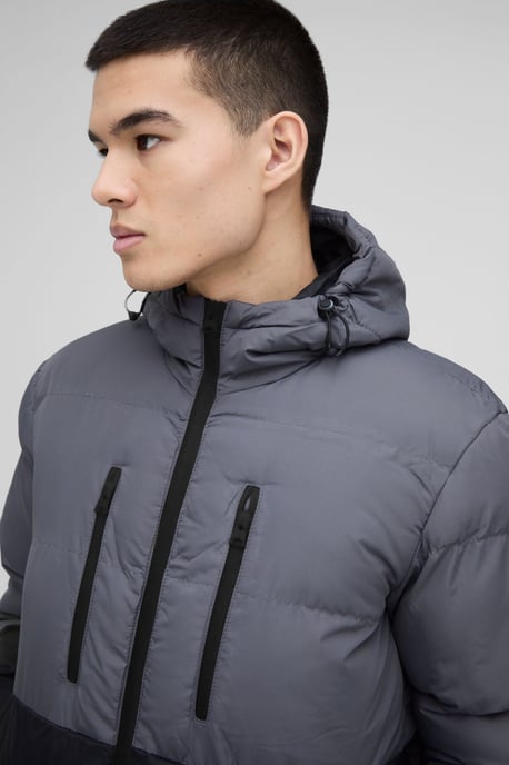Colour Block Hooded Puffer in Charcoal - Image 3