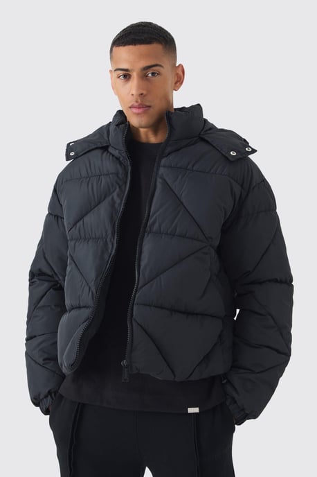 Regular Fit Crinkle Nylon Panelled Hooded Puffer Jacket - Image 1