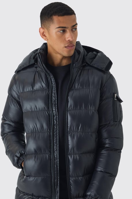 Longline High Shine Hooded Puffer Jacket in Black - Image 3