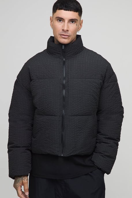 Tall Oversized Check Ripstop Funnel Neck Puffer Jacket - Image 1