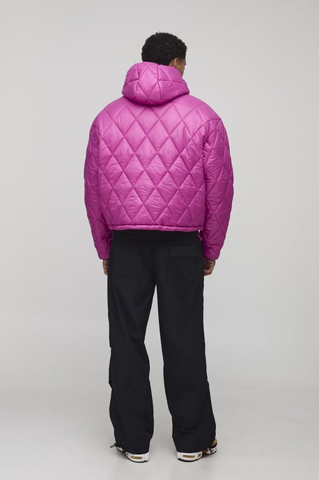 Oversized Boxy High Sheen Diamond Quilted Hooded Funnel Puffer Jacket - Image 2
