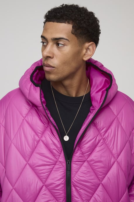 Oversized Boxy High Sheen Diamond Quilted Hooded Funnel Puffer Jacket - Image 3
