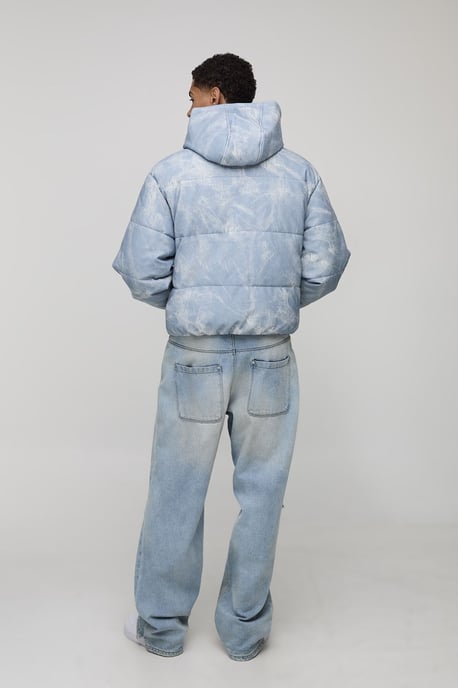 Oversized Boxy Fit Denim Look PU Hooded Puffer Jacket - Image 2
