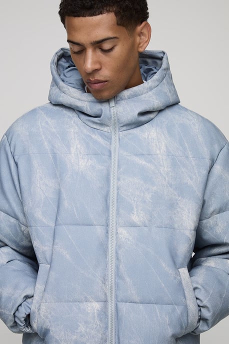 Oversized Boxy Fit Denim Look PU Hooded Puffer Jacket - Image 3