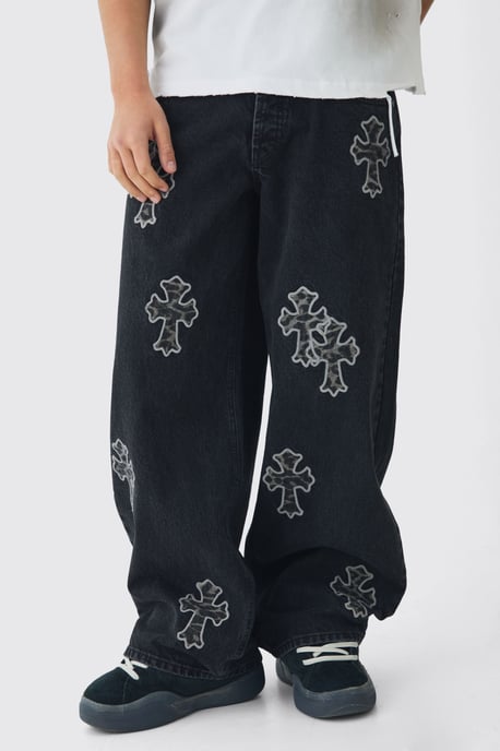 Baggy Rigid Leopard Cross Applique Denim Jeans - Image 1