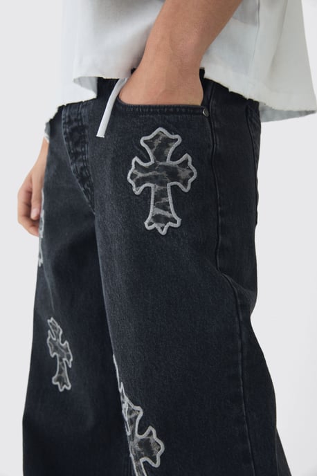 Baggy Rigid Leopard Cross Applique Denim Jeans - Image 3
