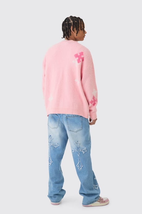 Baggy Rigid Washed Blue Cross Applique Jeans - Image 2