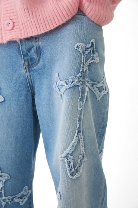 Baggy Rigid Washed Blue Cross Applique Jeans - Image 3