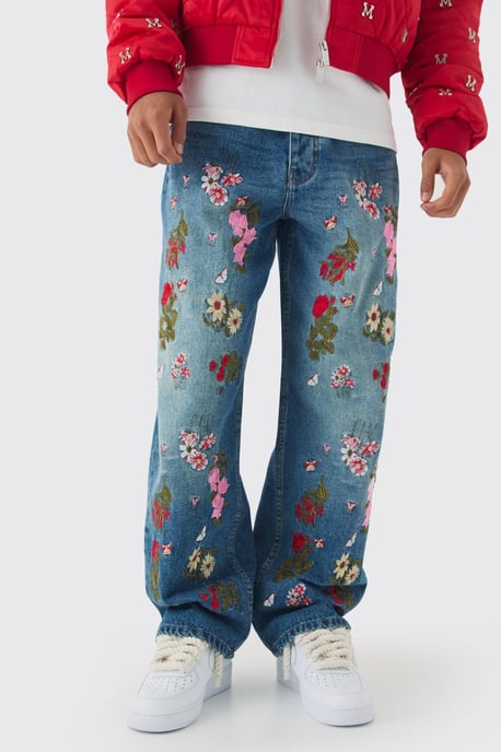 Baggy Fit Rigid Floral Embroidered Jeans - Image 1