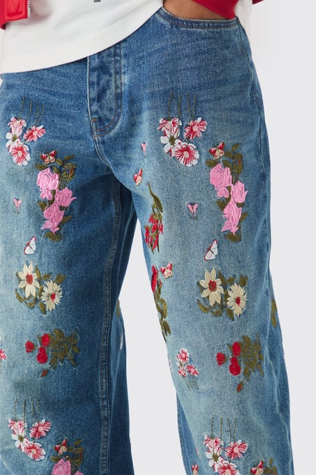 Baggy Fit Rigid Floral Embroidered Jeans - Image 3