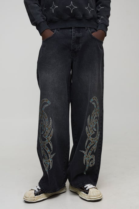 Baggy Fit Tribal Rhinestone Jeans - Image 1