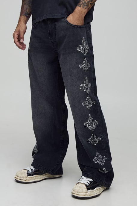 Baggy Fit Rhinestone Embellished Washed Jeans - Image 1