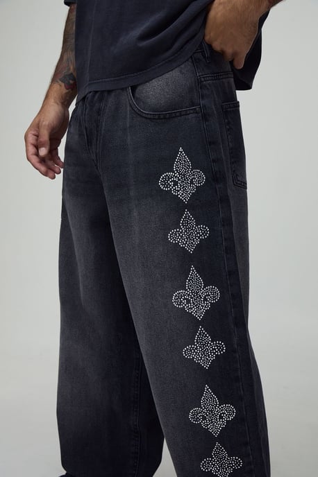 Baggy Fit Rhinestone Embellished Washed Jeans - Image 3