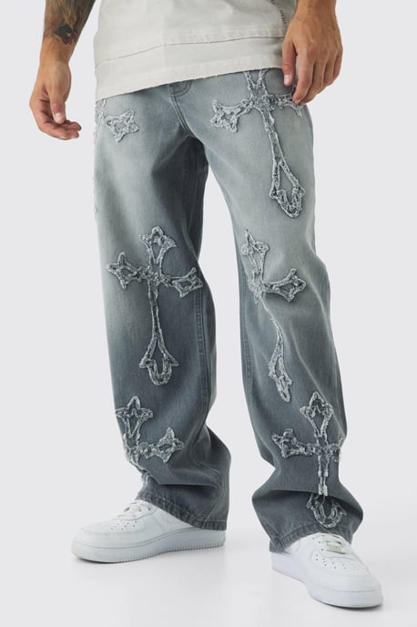 Baggy Rigid Washed Grey Cross Applique Jeans - Image 1