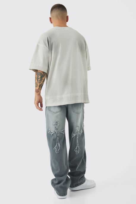 Baggy Rigid Washed Grey Cross Applique Jeans - Image 2