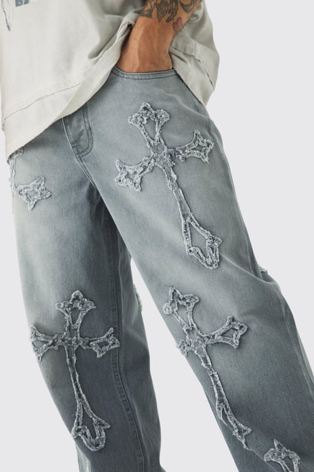 Baggy Rigid Washed Grey Cross Applique Jeans - Image 3