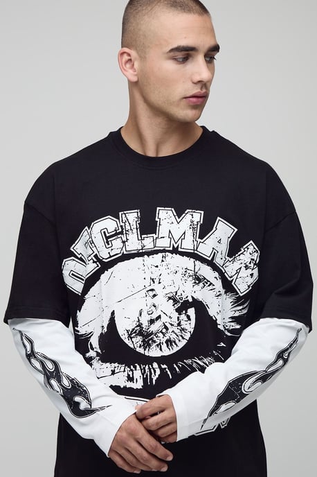 Black Oversized Faux Layer Ofcl Man Varsity Printed Long Sleeve T-Shirt - Image 3