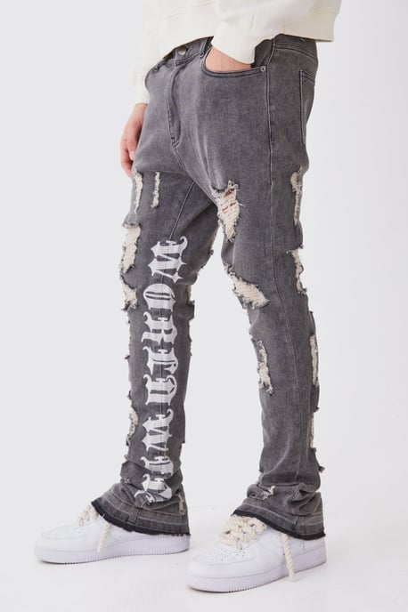 Skinny Stretch Stacked Distressed Embroidered Gusset Jeans - Image 1