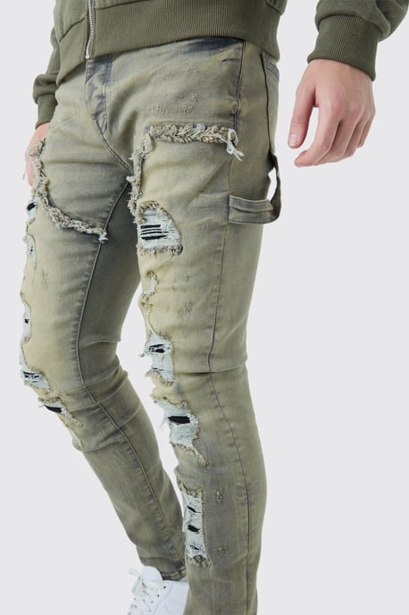 Skinny Stretch Multi Rip Carpenter Washed Grey Jeans - Image 3