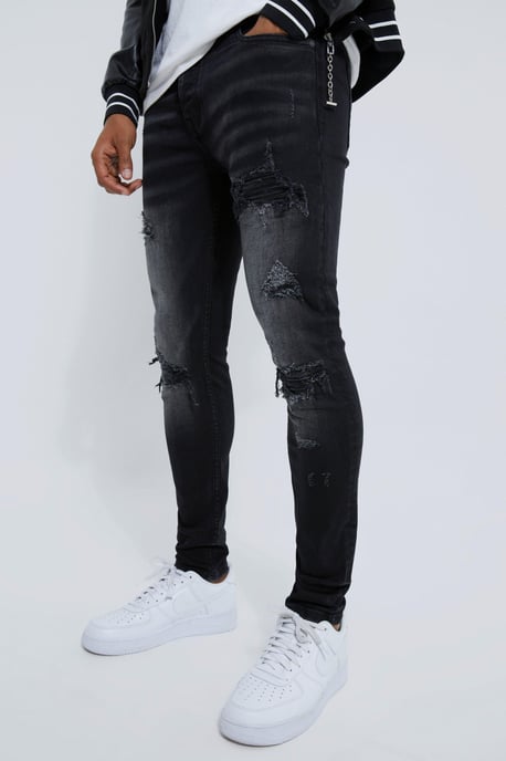 Skinny Stretch Rip And Repair Biker Washed Jeans - Image 1